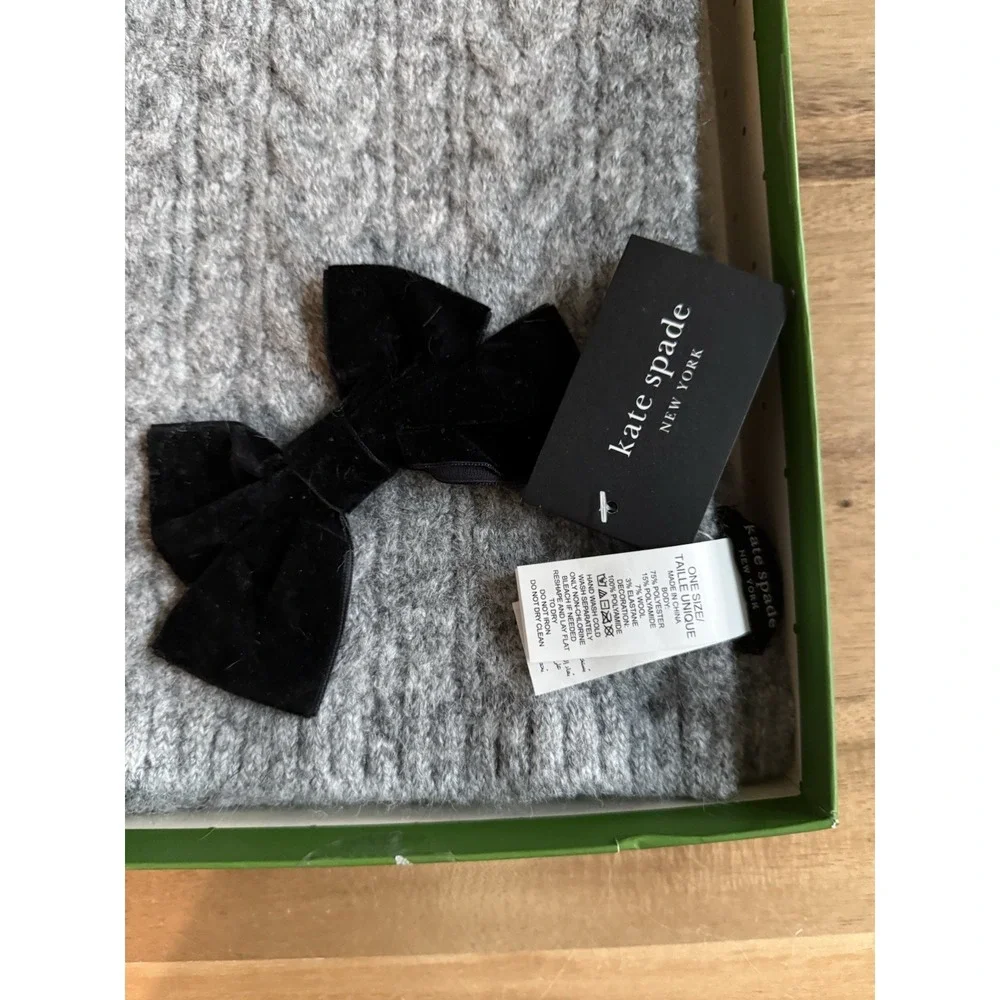 Kate Spade Velvet Cable Bow Scarf Heather Gray Wool Blend One Size NWT